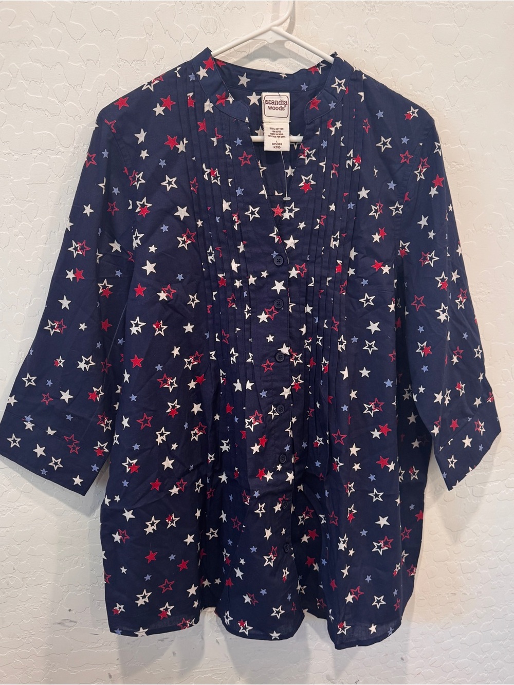 Scandia Woods Navy Star Print Pintuck Blouse Womens Large Cotton 4th July Summer